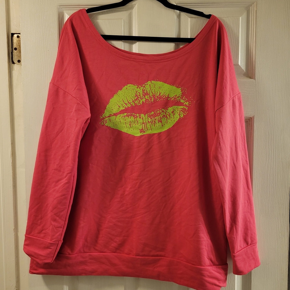 Hot Pink Neon Green Lip Print Women's Off Shoulder Top Xxl